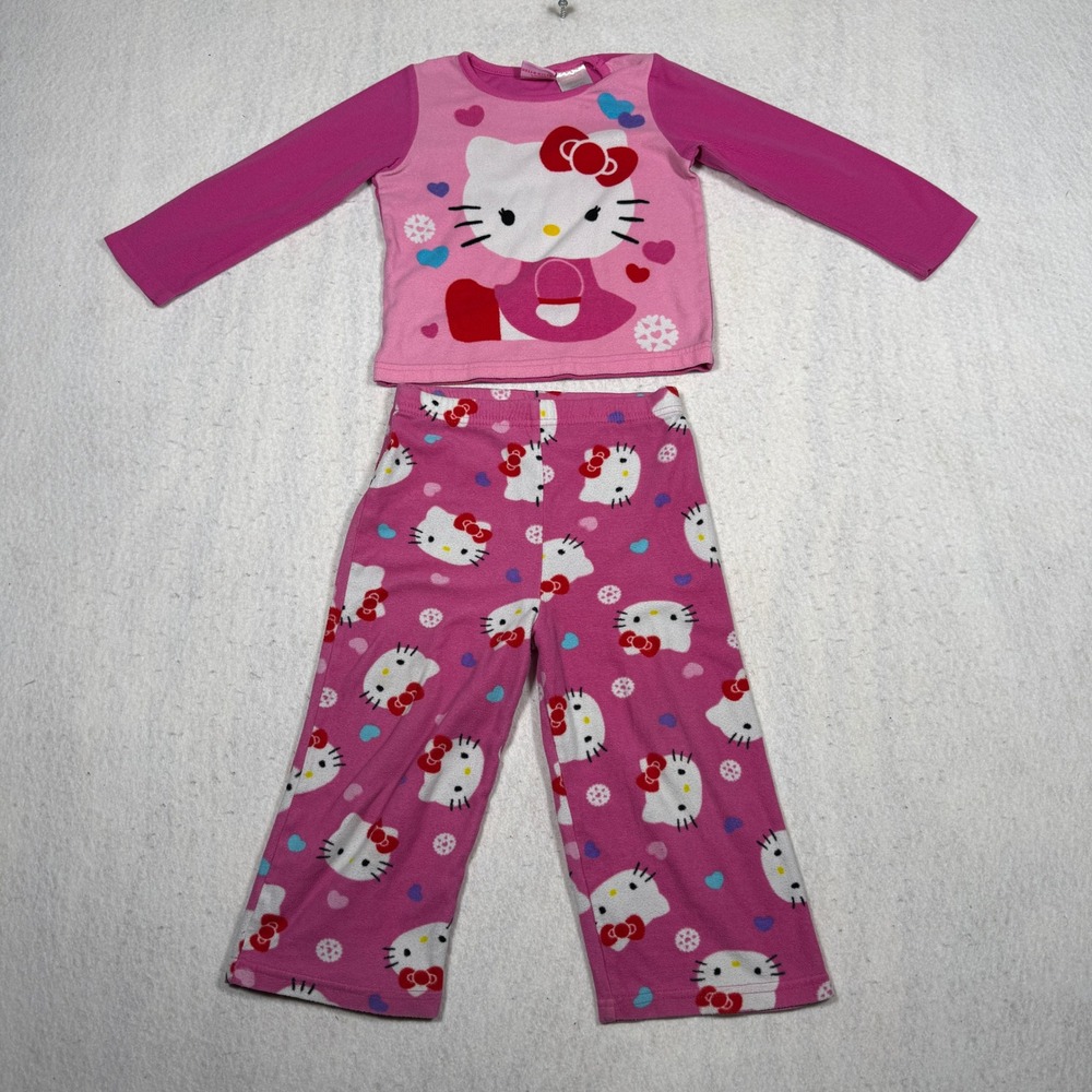 Sanrio Hello Kitty Girls Pink Fleece Pajama Set 2 Piece Size 4T Long Sleeve Pant